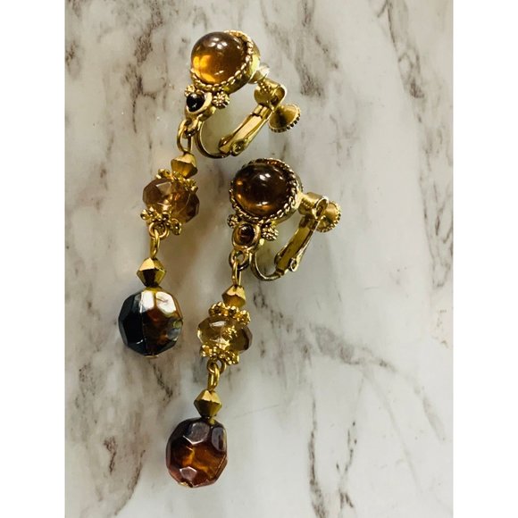 Vintage Champagne Brown & Gold Elegant and Ornate Screw-back Earrings - Picture 8 of 10